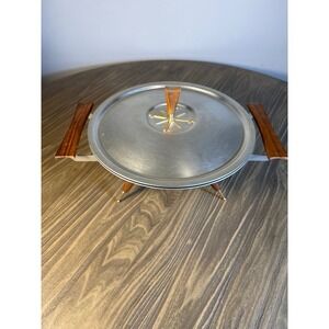Vintage Mirro Medallion Chafing Dish MCM‎ 10in Silver Wood Starburst Serving Set